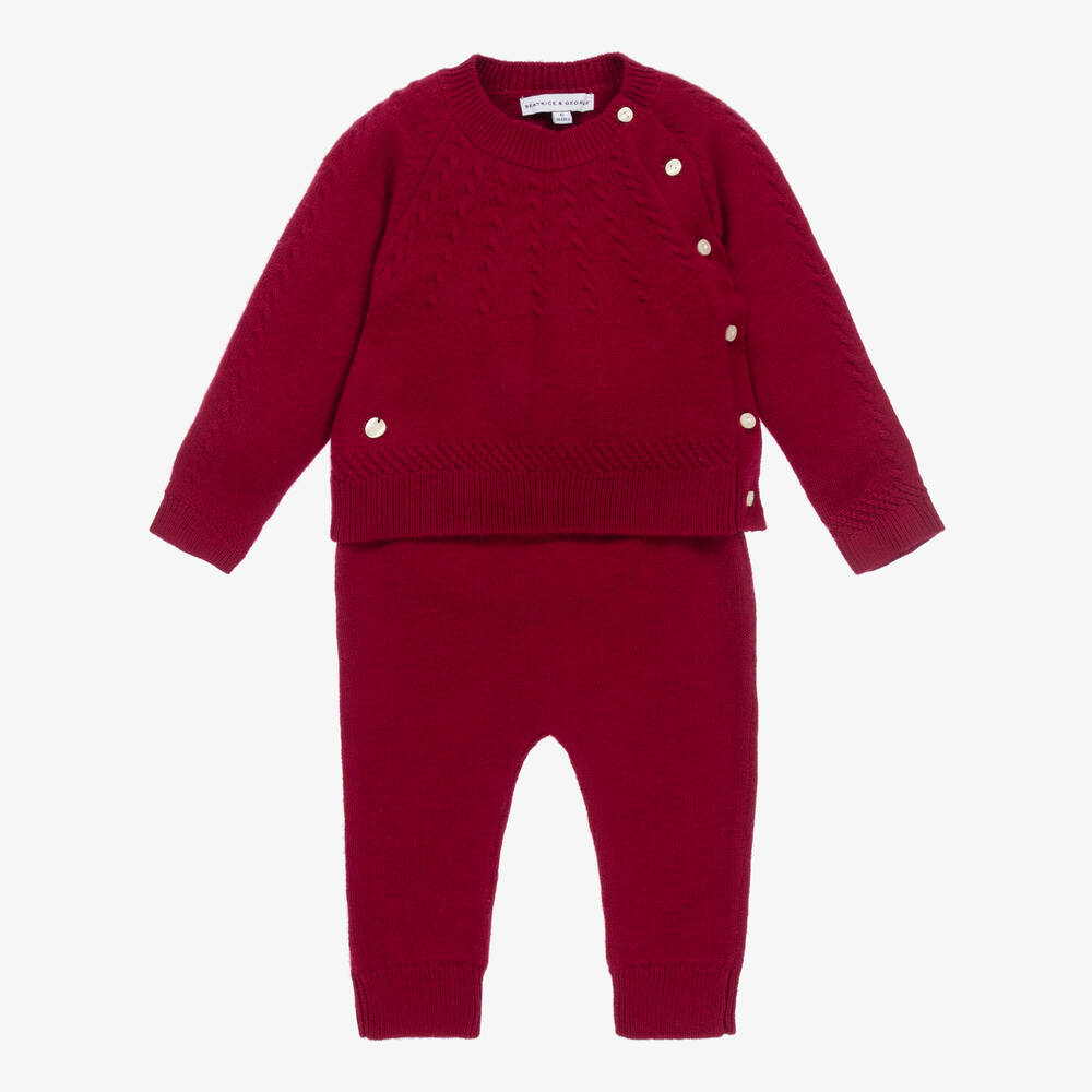 Beatrice & George - Red Knitted Wool & Cotton Trouser Set  | Childrensalon
