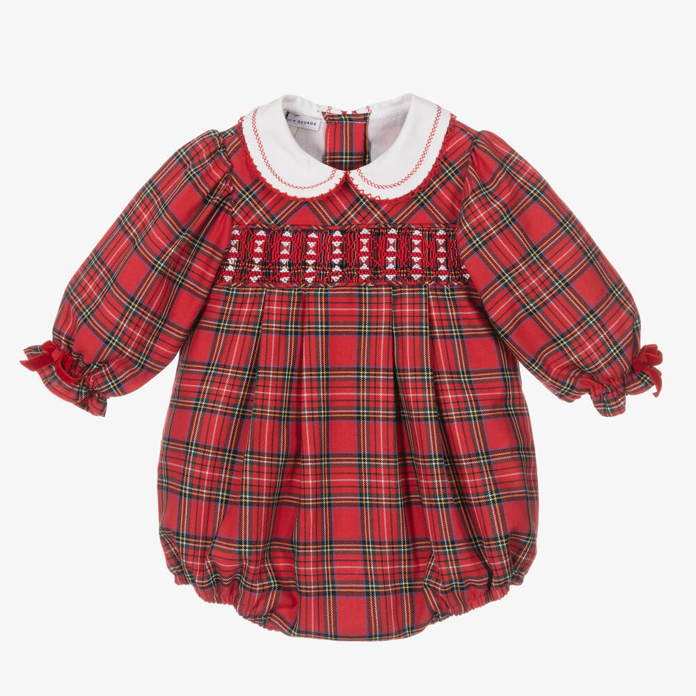 Beatrice & George - Barboteuse écossaise à smocks en coton rouge | Childrensalon