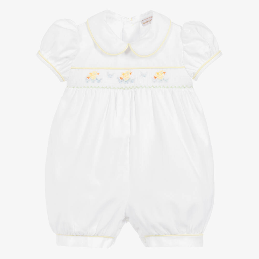 Beatrice & George-White Cotton Hand-Smocked Baby Shortie | Childrensalon Outlet