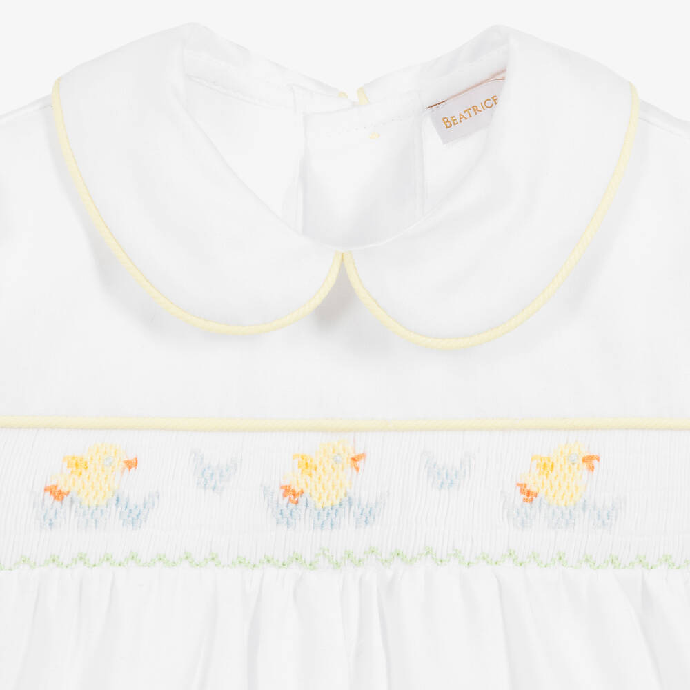 بياتريس آند جورج-بودي سوت تطريز سموك قطن لون أبيض | Childrensalon Outlet