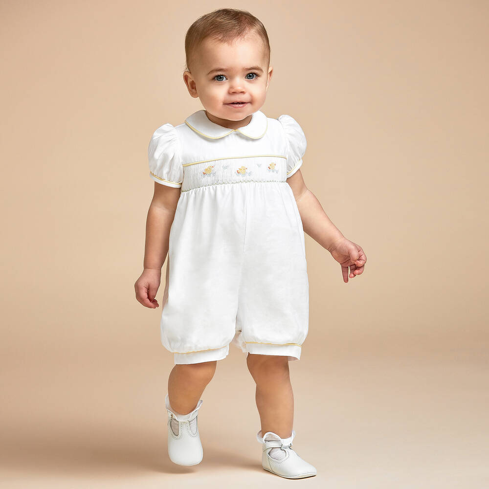 بياتريس آند جورج-بودي سوت تطريز سموك قطن لون أبيض | Childrensalon Outlet