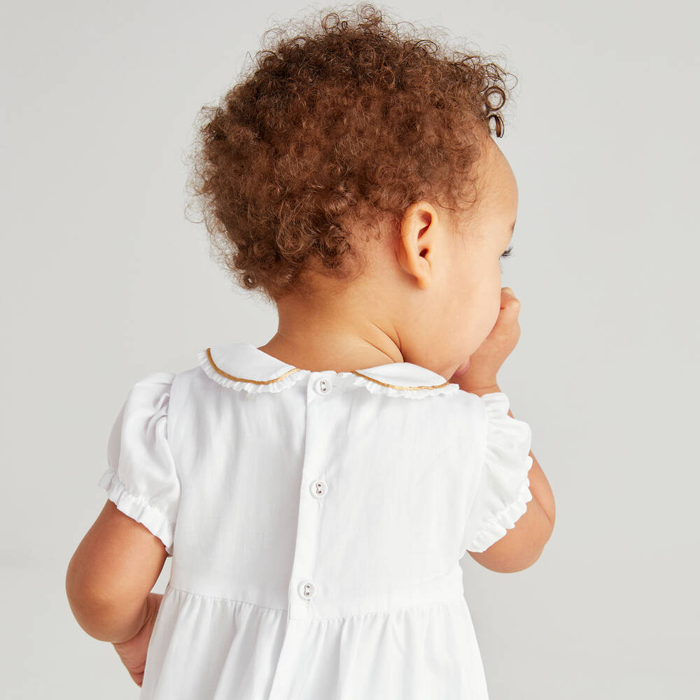 Beatrice & George-White Cotton Monogram Baby Shortie | Childrensalon Outlet