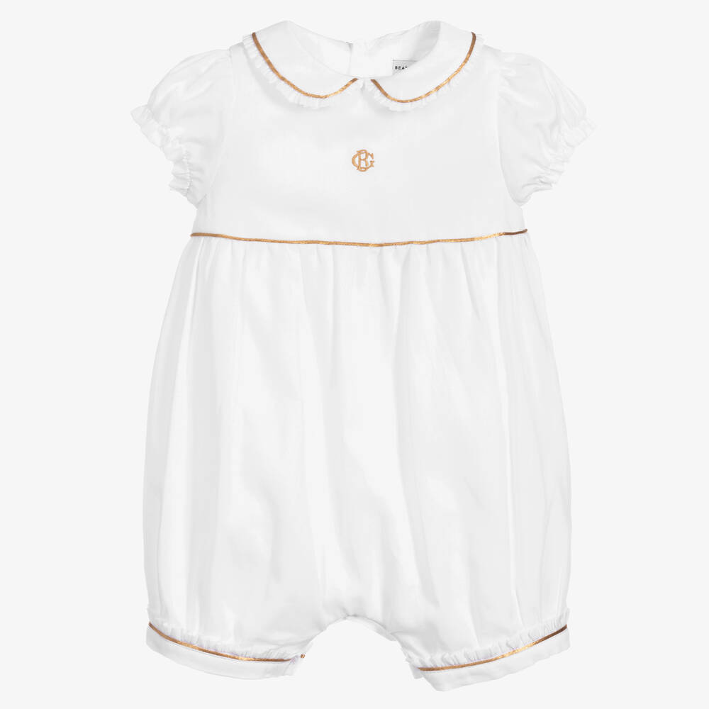 Beatrice & George-White Cotton Monogram Baby Shortie | Childrensalon Outlet