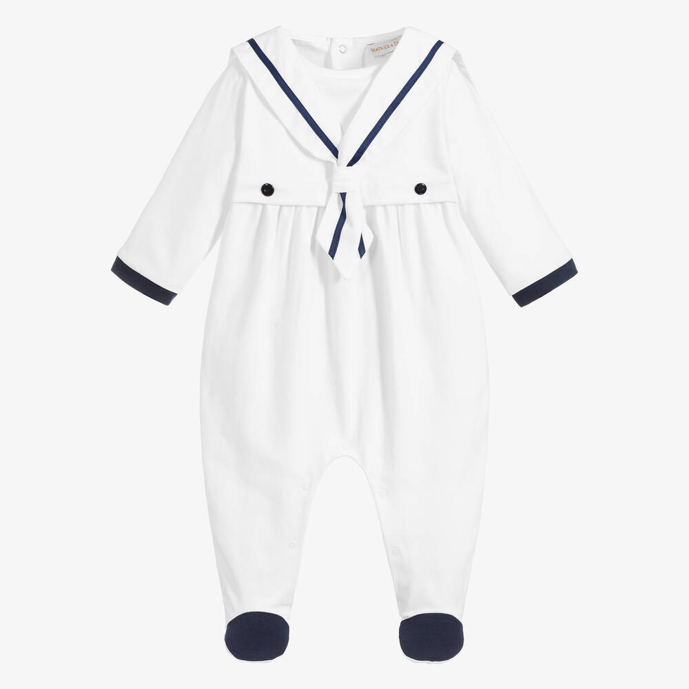 Beatrice & George - White Cotton Sailor Babygrow | Childrensalon