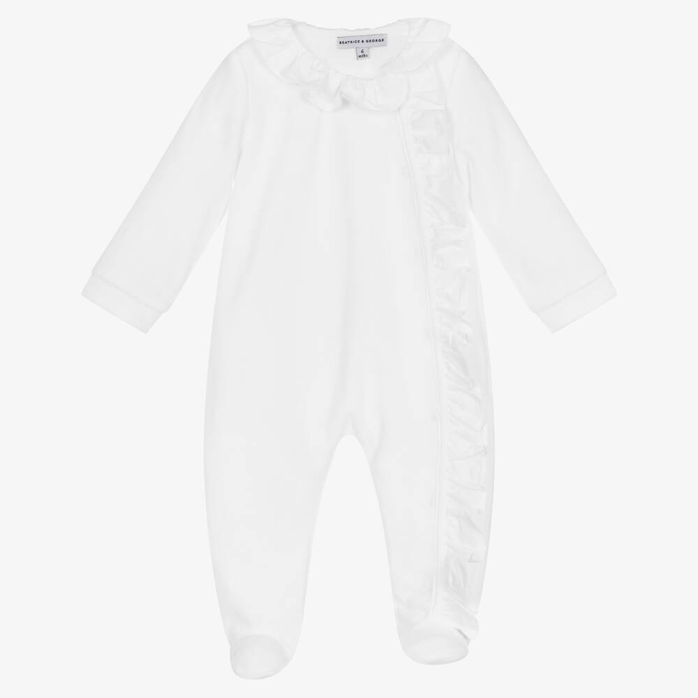 Beatrice & George - White Cotton Velour Babygrow | Childrensalon