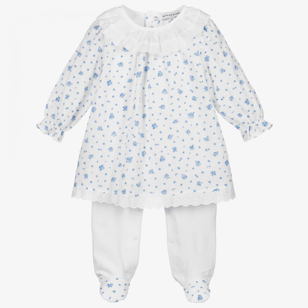 Beatrice & George - طقم بيبي غرو وفستان قطن لون أبيض وأزرق للمولودات | Childrensalon
