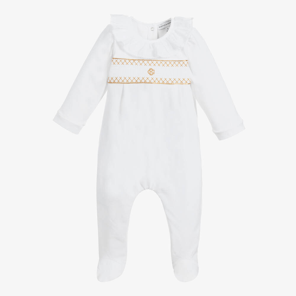 Beatrice & George-White Hand-Smocked Cotton Babygrow | Childrensalon Outlet