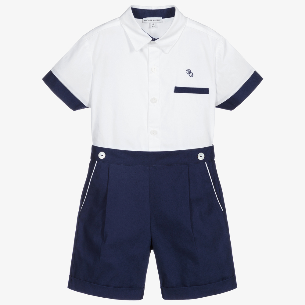 Beatrice & George - White & Navy Blue Shorts Set | Childrensalon