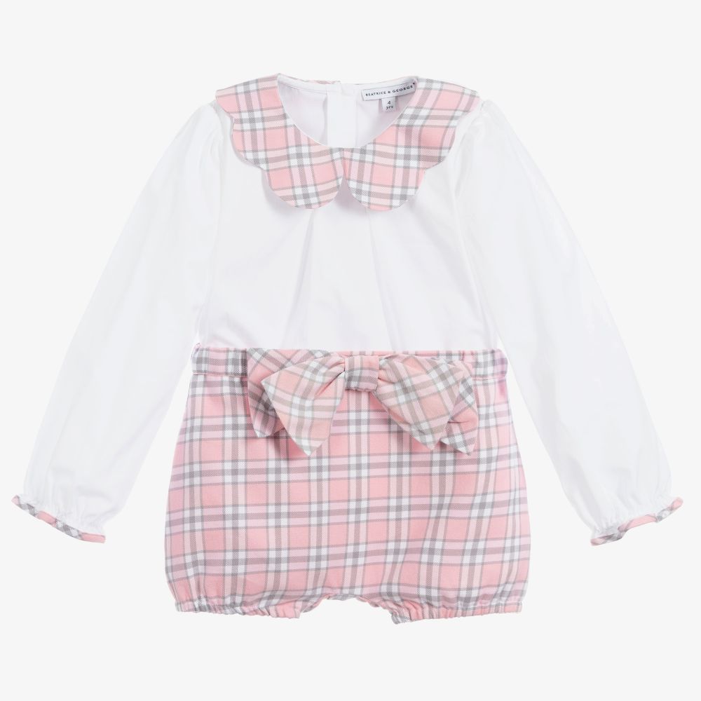 Beatrice & George - White & Pink Tartan Shorts Set | Childrensalon