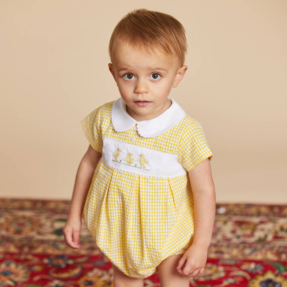 Beatrice & George-Желтый песочник из жатого ситца в клетку | Childrensalon Outlet