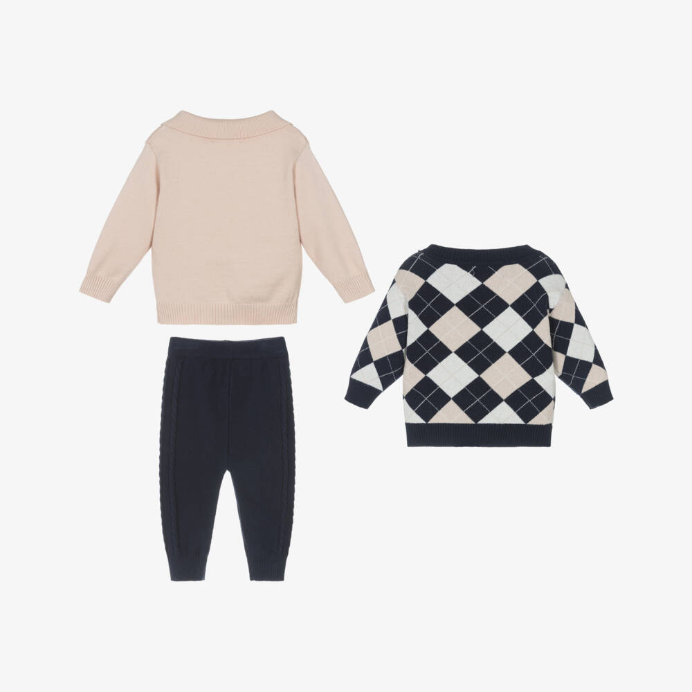 Beau KiD-Baby Boys Navy Blue & Beige Knitted Trouser Set | Childrensalon Outlet