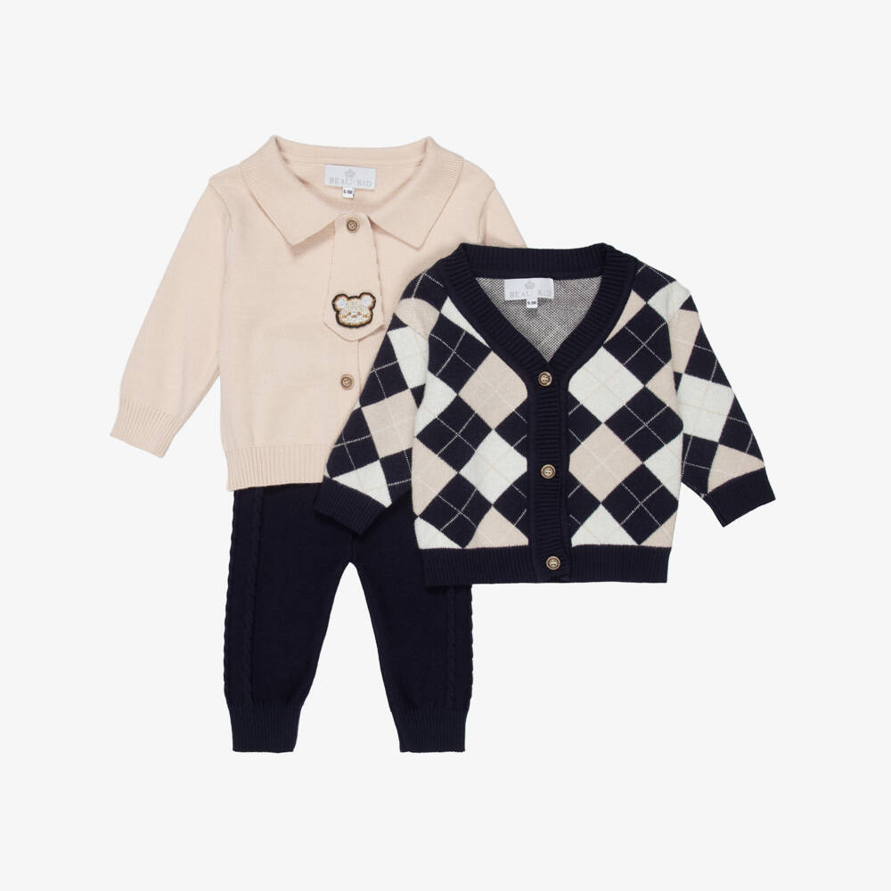 Beau KiD-Baby Boys Navy Blue & Beige Knitted Trouser Set | Childrensalon Outlet