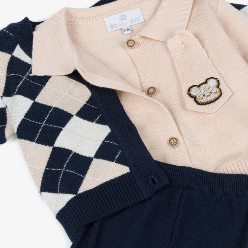 Beau KiD-Baby Boys Navy Blue & Beige Knitted Trouser Set | Childrensalon Outlet