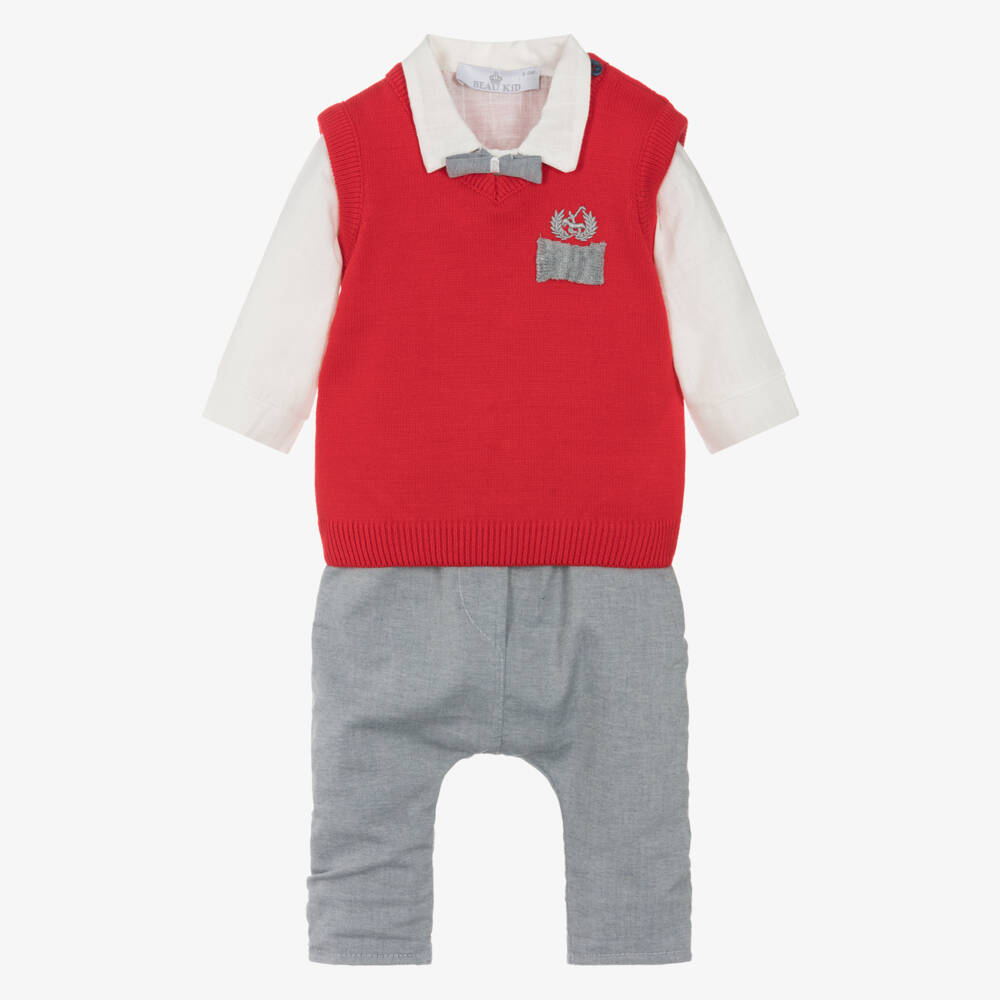 Beau KiD-Baby Boys Red & Grey Marl Cotton Trouser Set  | Childrensalon Outlet