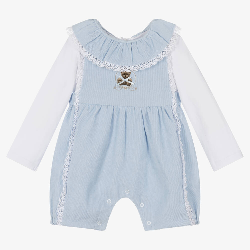 Beau KiD-Baby Girls Blue Teddy Dungaree Set | Childrensalon Outlet