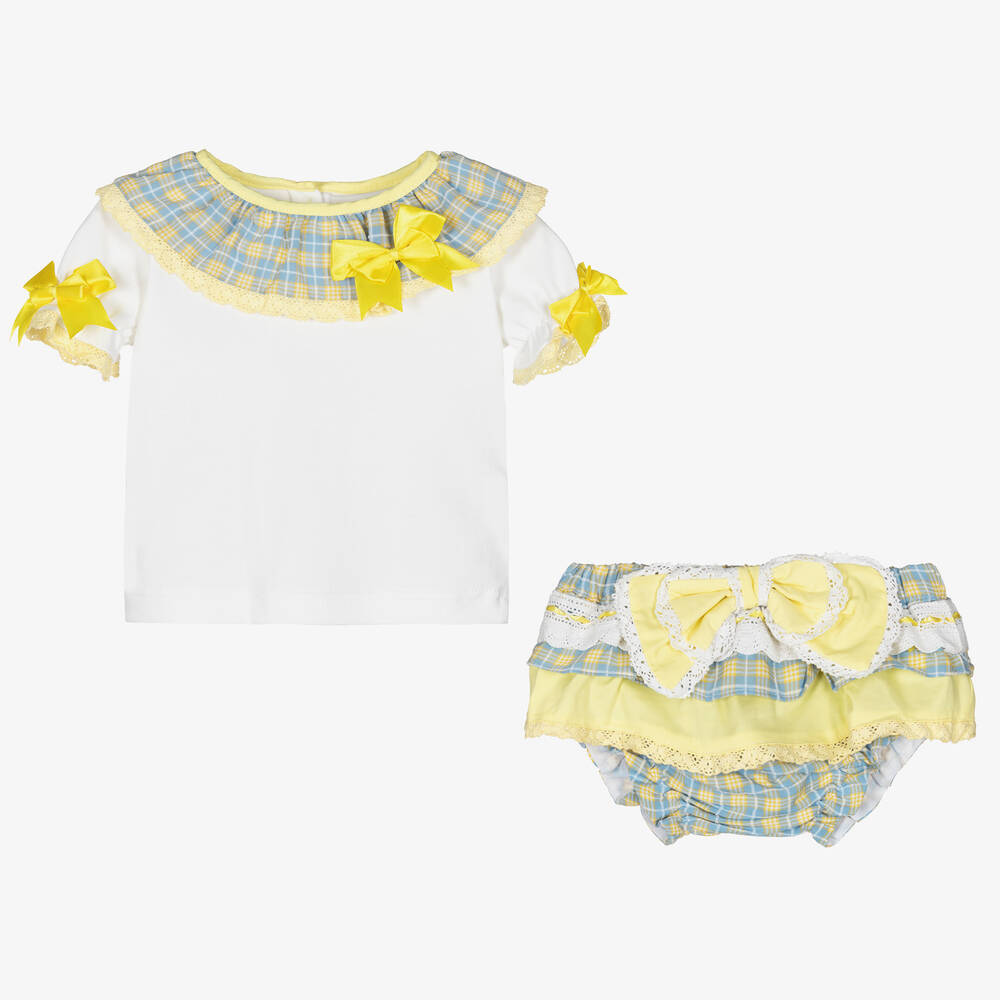 بو كيد-طقم شورت قطن كاروهات لون أصفر وأزرق للمولودات | Childrensalon Outlet