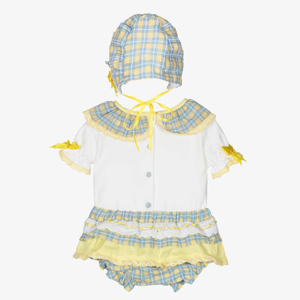 بو كيد-طقم شورت قطن كاروهات لون أصفر وأزرق للمولودات | Childrensalon Outlet