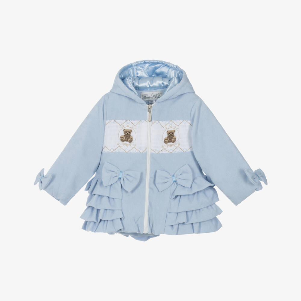 Beau KiD-Baby Girls Pale Blue Corduroy Coat with Teddy Bears & Ruffles | Childrensalon Outlet