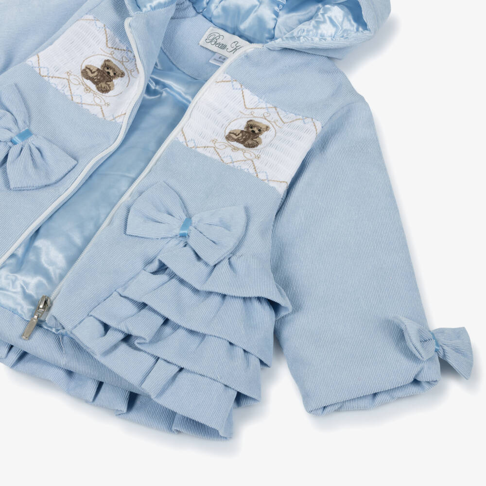 Beau KiD-Baby Girls Pale Blue Corduroy Coat with Teddy Bears & Ruffles | Childrensalon Outlet