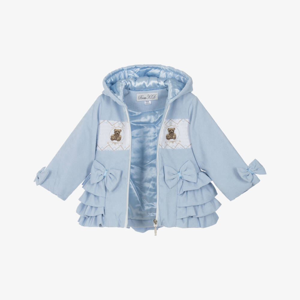 Beau KiD-Baby Girls Pale Blue Corduroy Coat with Teddy Bears & Ruffles | Childrensalon Outlet