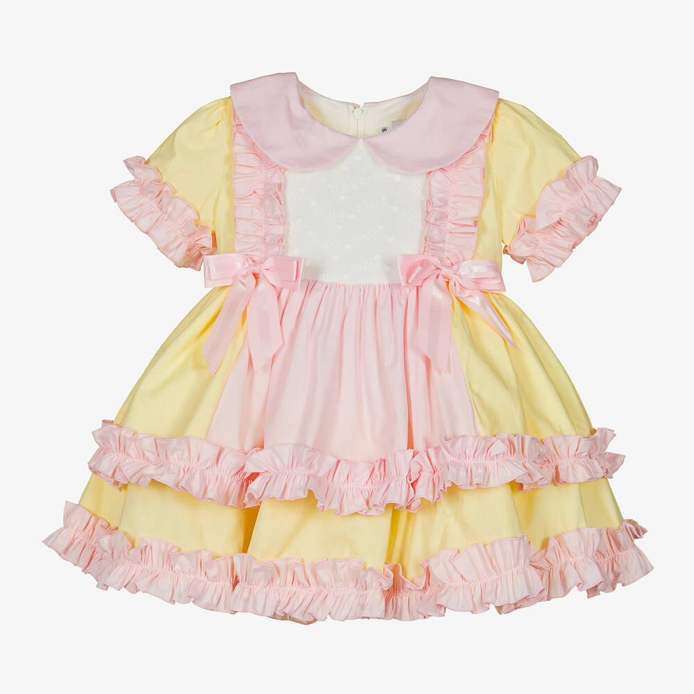 Beau KiD - فستان قطن لون أصفر وزهري للمولودات | Childrensalon