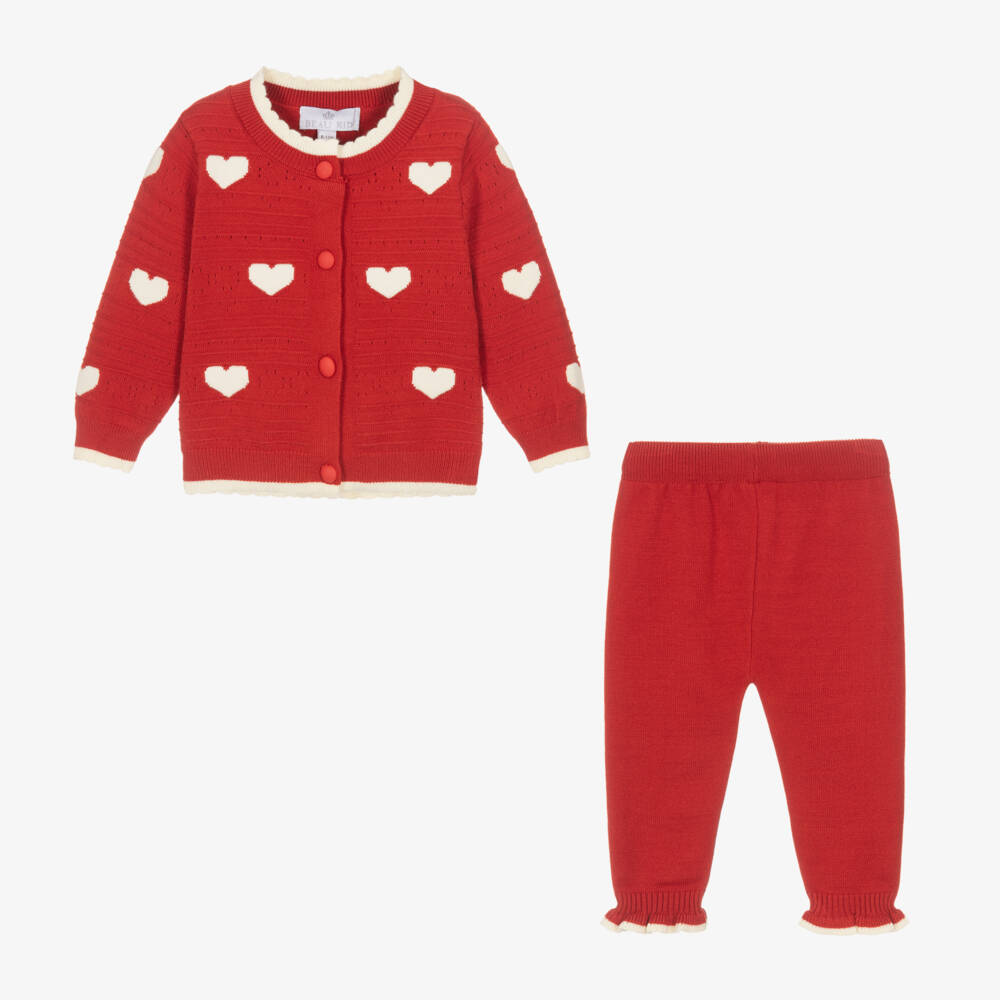 Beau KiD-Baby Girls Red & Ivory Heart Knitted Trouser Set | Childrensalon Outlet