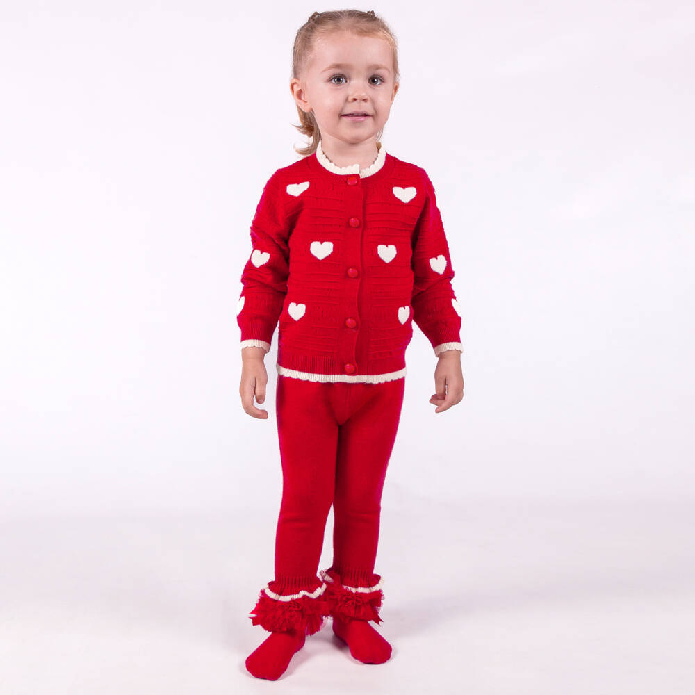 Beau KiD-Baby Girls Red & Ivory Heart Knitted Trouser Set | Childrensalon Outlet