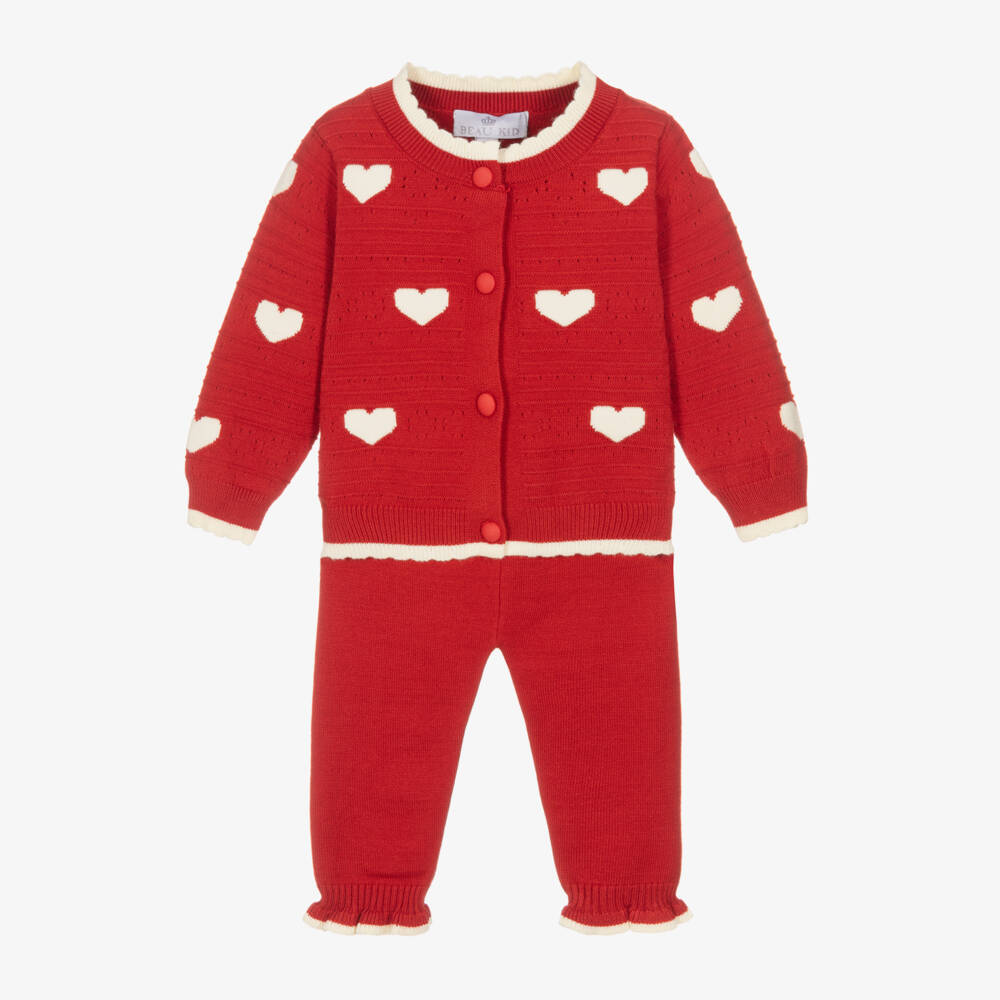 Beau KiD-Baby Girls Red & Ivory Heart Knitted Trouser Set | Childrensalon Outlet