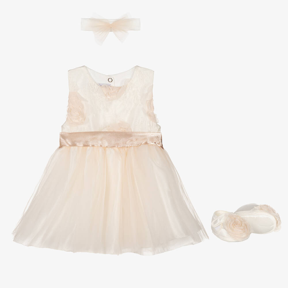 Beau KiD - طقم فستان قطن وتول لون أبيض وزهري للمولودات | Childrensalon