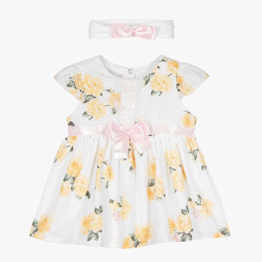 Beau KiD - طقم فستان قطن لون أصفر وأبيض للمولودات | Childrensalon