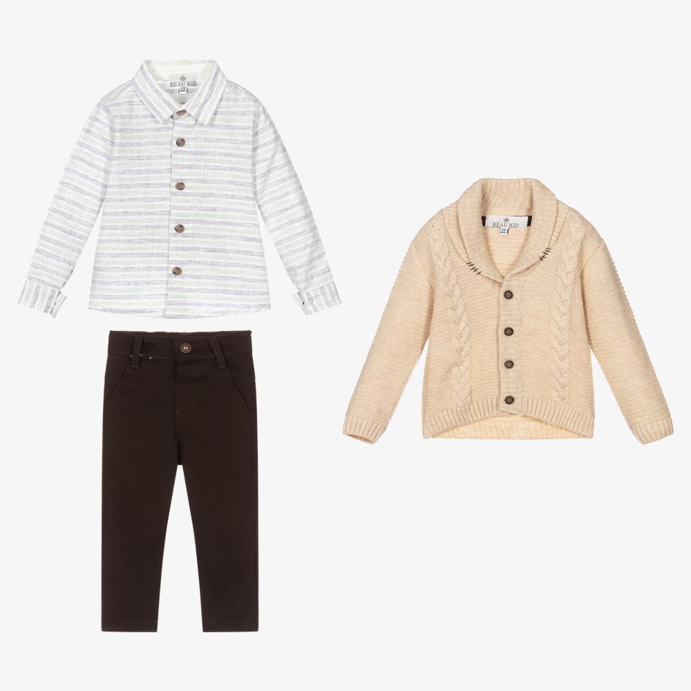 Beau KiD-Beige & Brown Trouser Set | Childrensalon Outlet