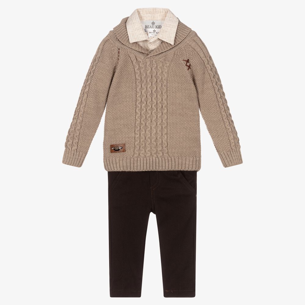 Beau KiD-Beige & Brown Trouser Set | Childrensalon Outlet