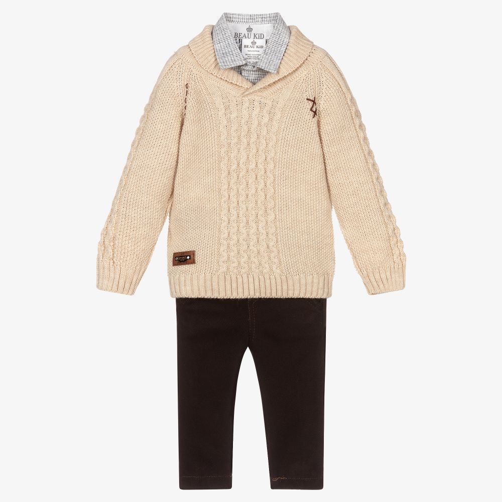 Beau KiD-Beige & Brown Trouser Set | Childrensalon Outlet