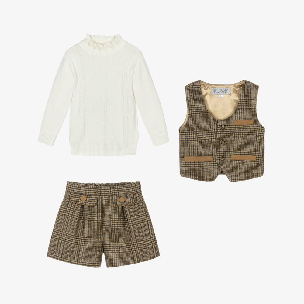 Beau KiD-Beige Houndstooth Shorts Set | Childrensalon Outlet