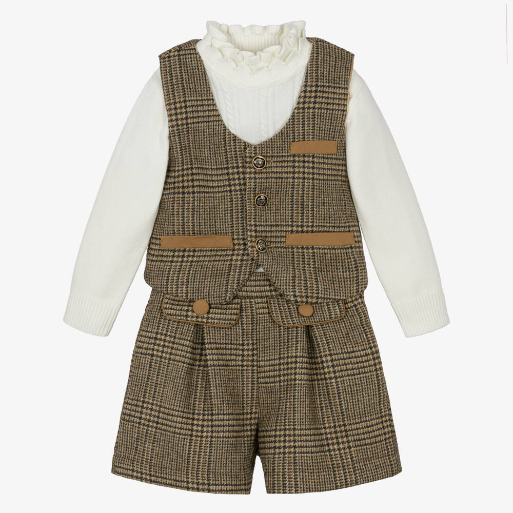 Beau KiD-Beige Houndstooth Shorts Set | Childrensalon Outlet