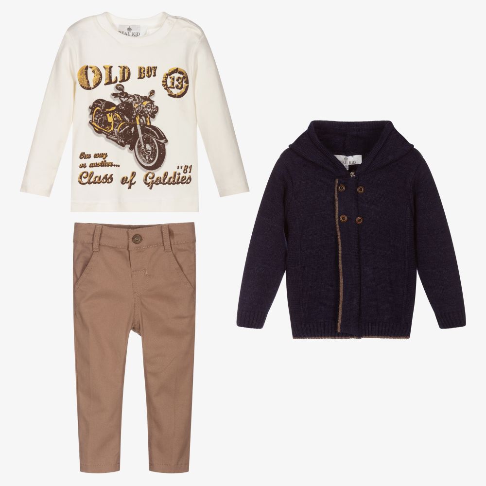 بو كيد-Blue & Beige Baby Trouser Set | Childrensalon Outlet