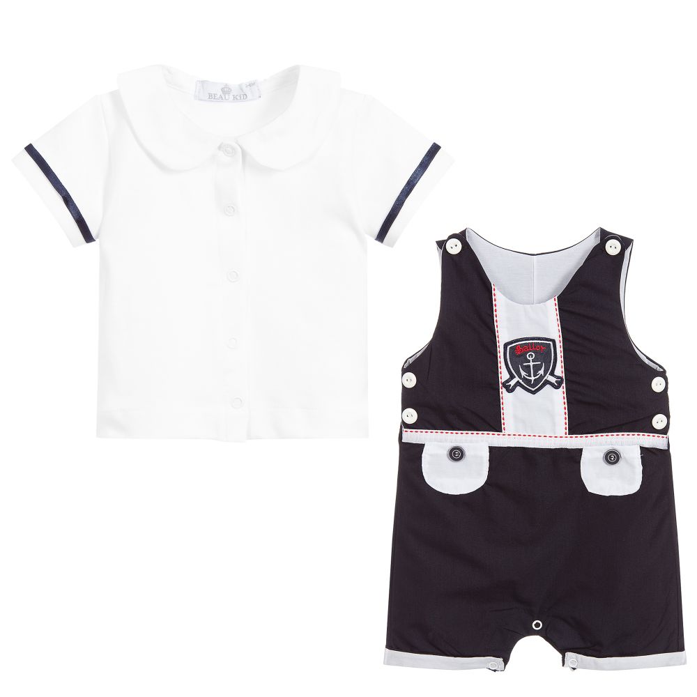 Beau KiD-Blue Cotton Dungarees Set | Childrensalon Outlet
