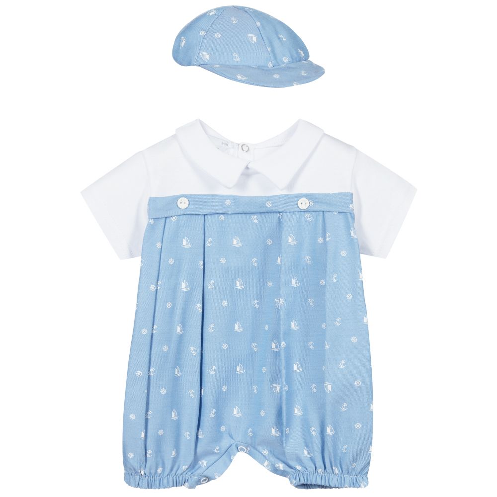Beau KiD - طقم تبّان وقبعة قطن لون أزرق وأبيض للمواليد | Childrensalon