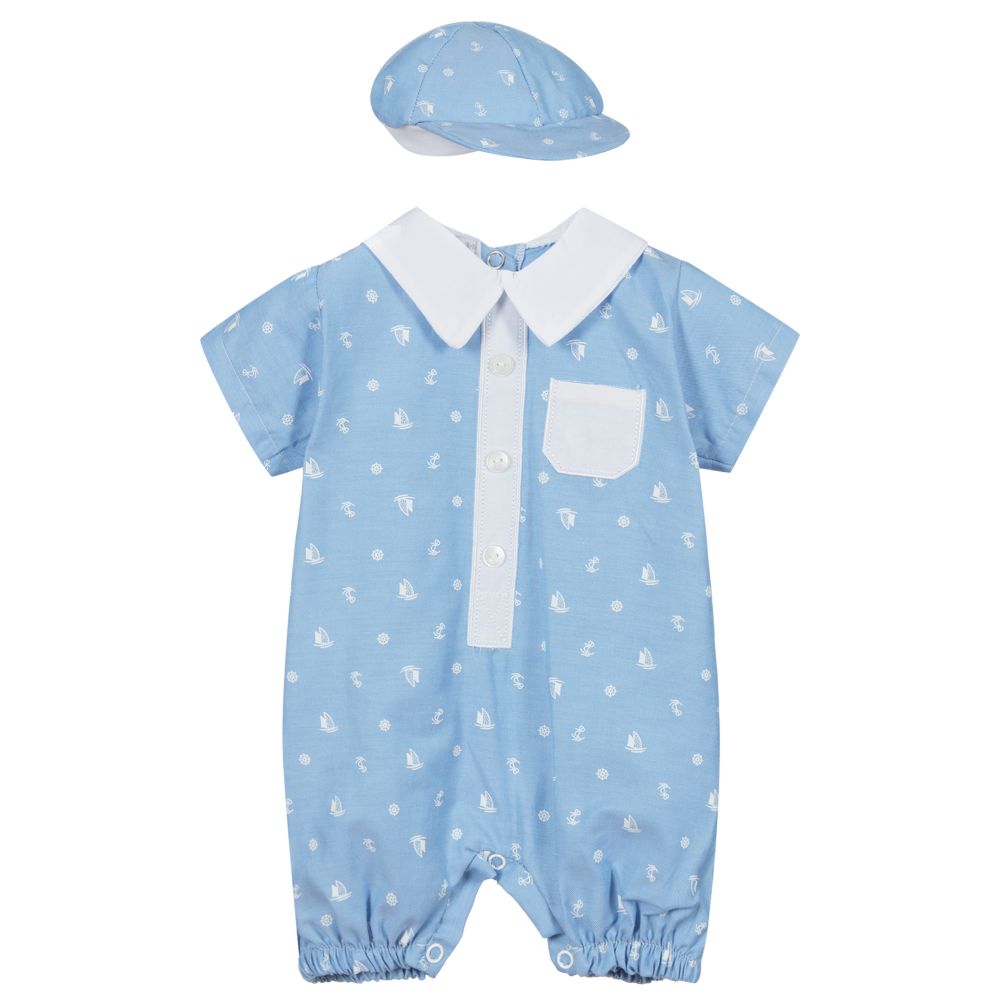 Beau KiD - طقم تبّان وقبعة قطن بوبلين لون أزرق وأبيض للمواليد | Childrensalon