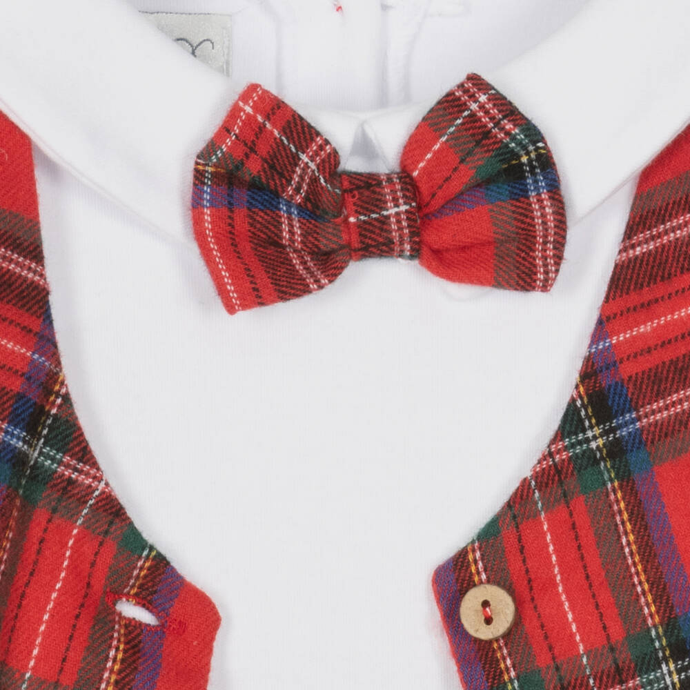 Beau KiD-Blue Velour & Red Tartan Romper | Childrensalon Outlet