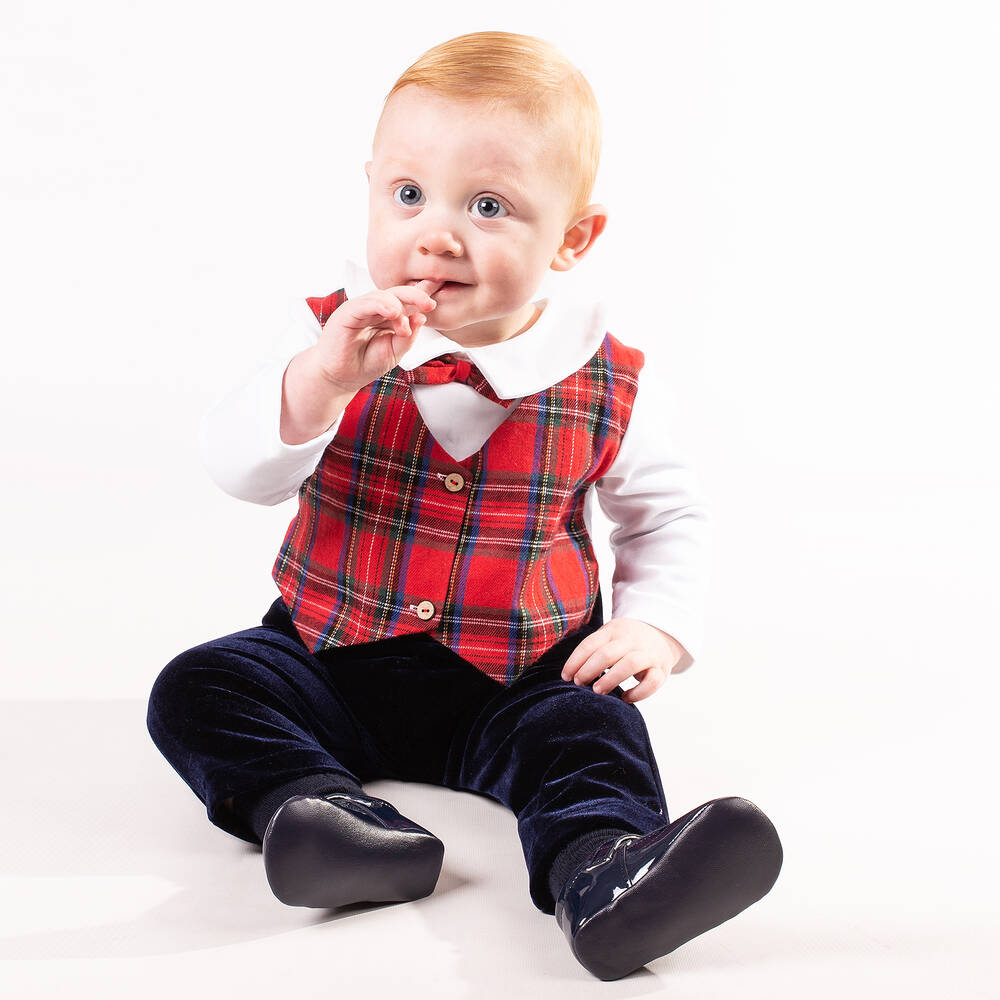 Beau KiD Blue Velour Red Tartan Romper