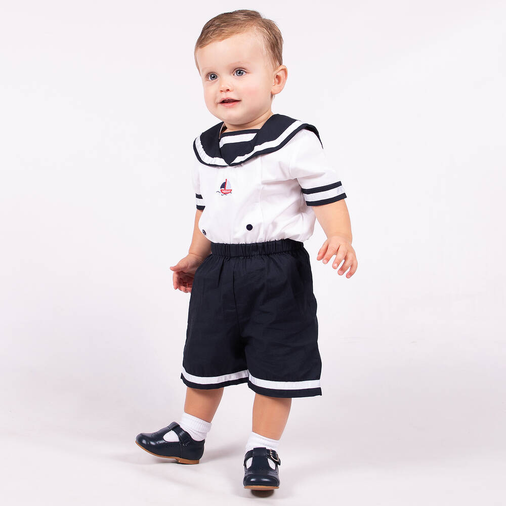 Beau KiD-Blue & White Sailor Shorts Set | Childrensalon Outlet