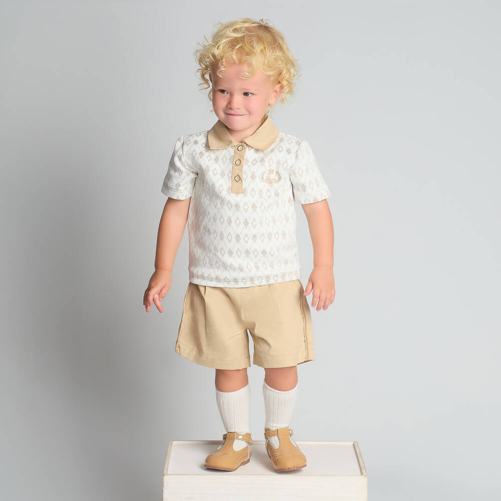 Beau KiD-Boys Beige Cotton Polo Shirt & Shorts Set | Childrensalon Outlet