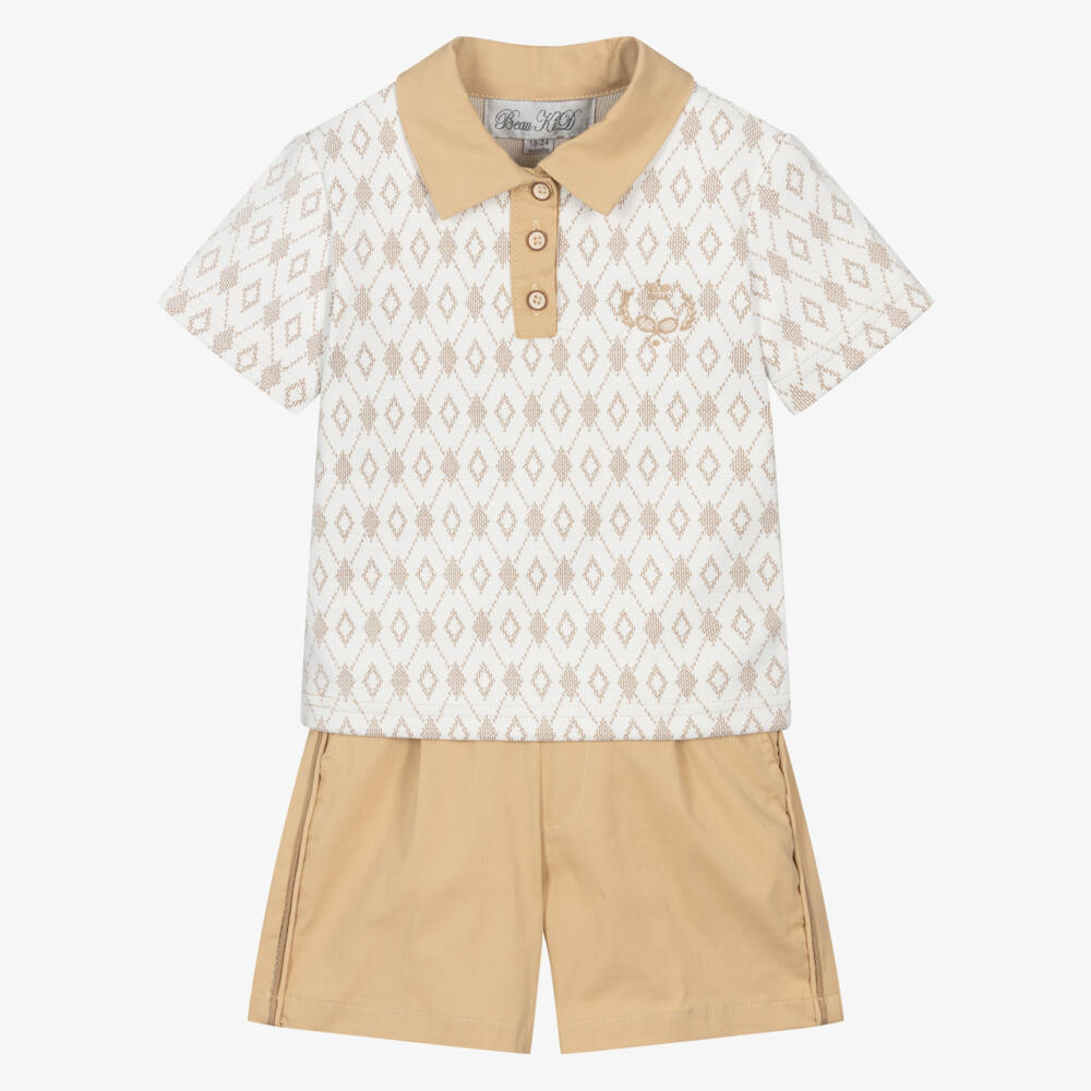 Beau KiD-Boys Beige Cotton Polo Shirt & Shorts Set | Childrensalon Outlet