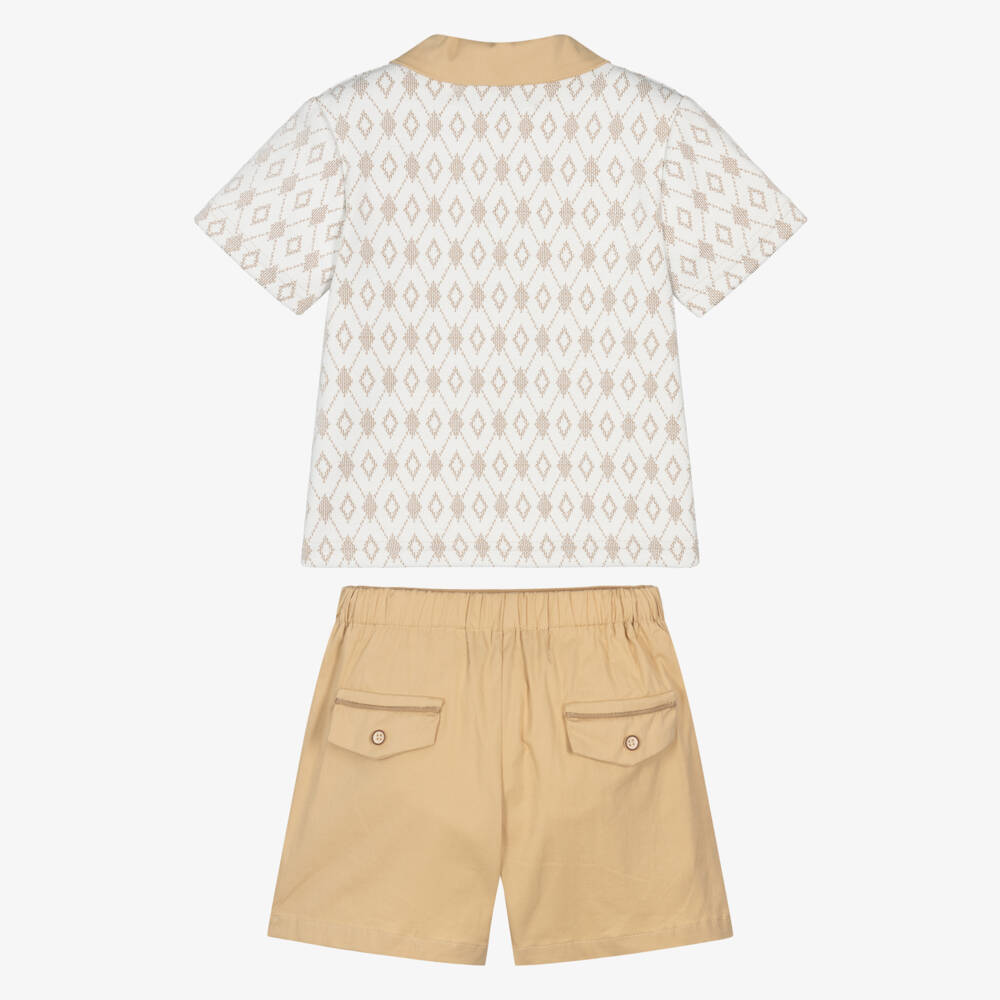 Beau KiD-Boys Beige Cotton Polo Shirt & Shorts Set | Childrensalon Outlet