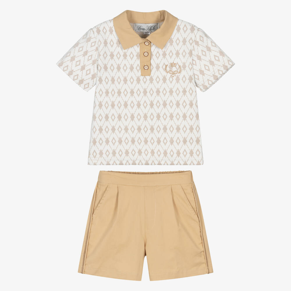 Beau KiD-Boys Beige Cotton Polo Shirt & Shorts Set | Childrensalon Outlet