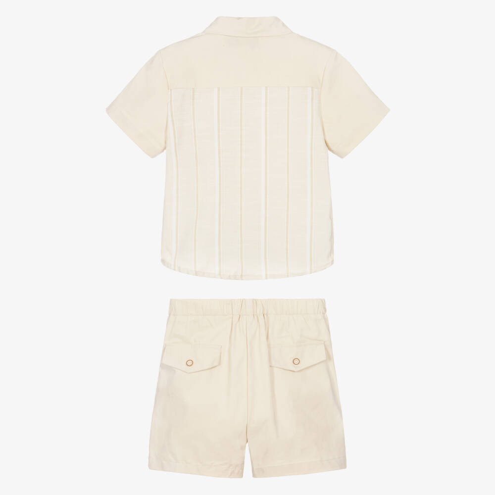 Beau KiD-Boys Beige Cotton Shirt & Shorts Set with Stripes | Childrensalon Outlet