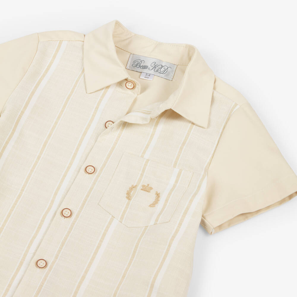 Beau KiD-Boys Beige Cotton Shirt & Shorts Set with Stripes | Childrensalon Outlet