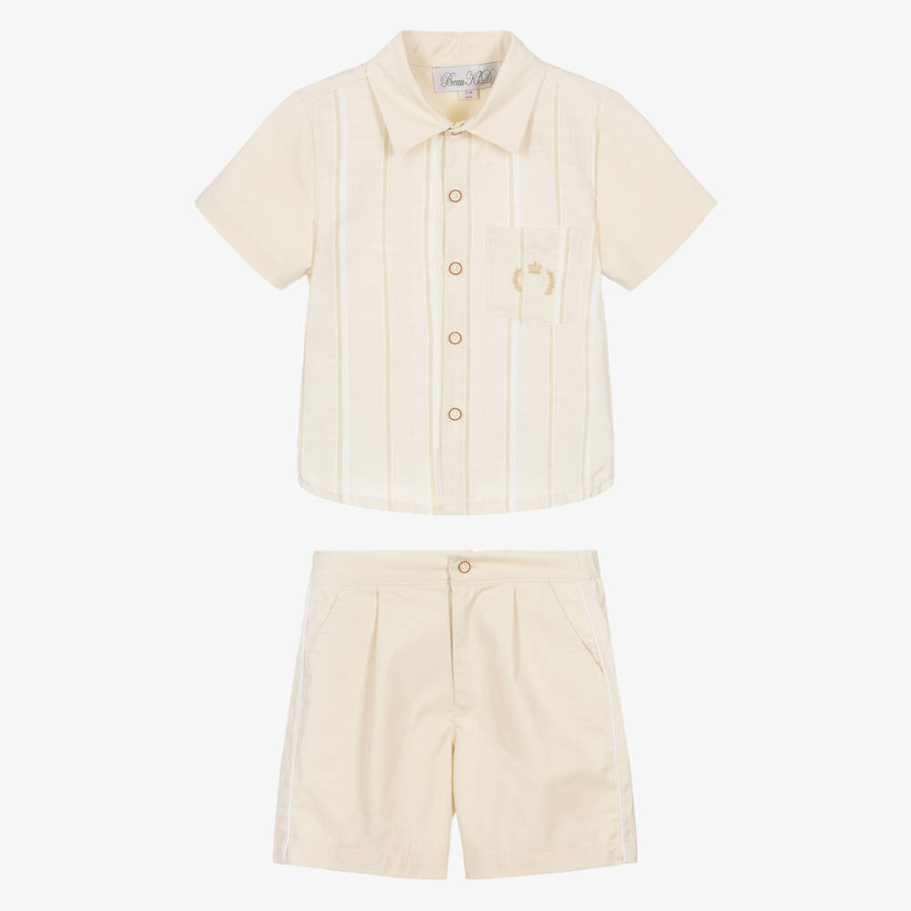 Beau KiD-Boys Beige Cotton Shirt & Shorts Set with Stripes | Childrensalon Outlet