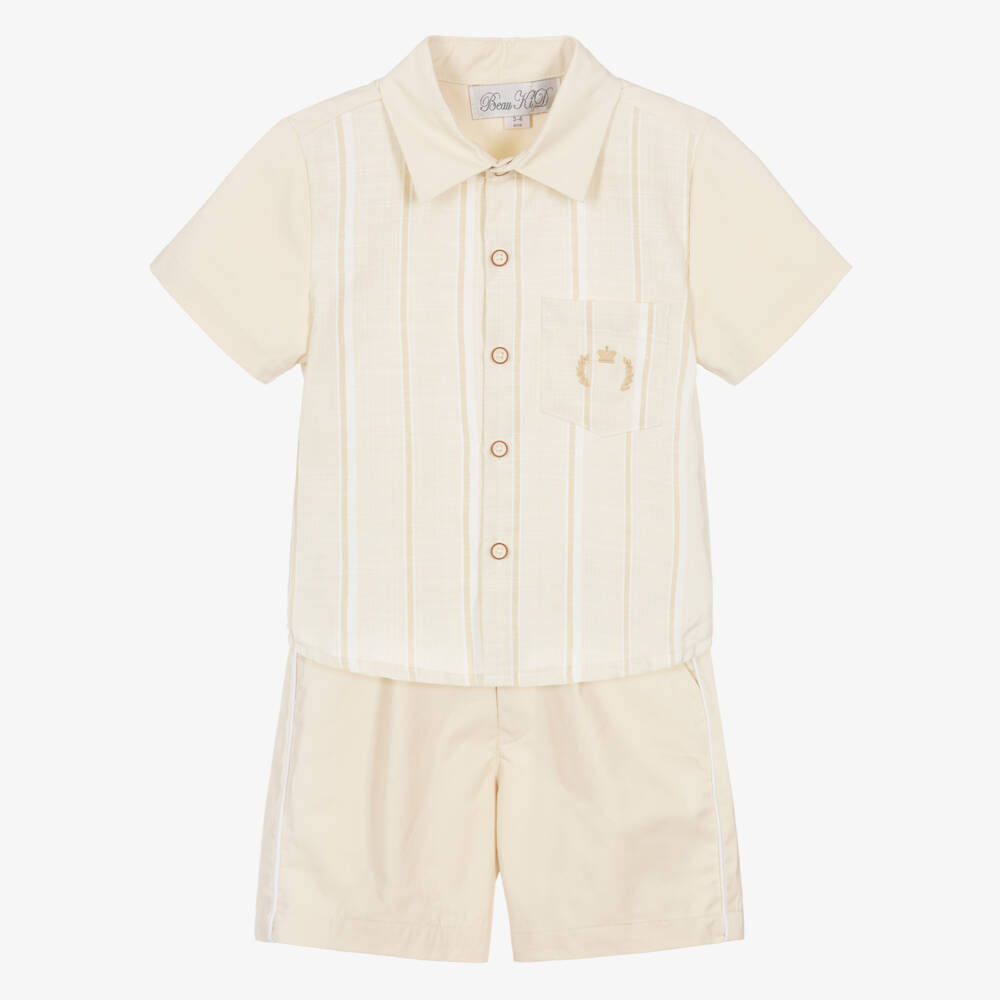 Beau KiD-Boys Beige Cotton Shirt & Shorts Set with Stripes | Childrensalon Outlet